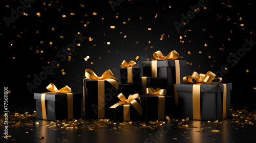 Black Gift boxes adorned with shimmering gold serpantine Winter Holiday season with black background
 photo