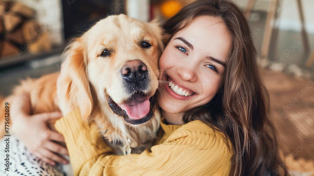 Domestic bliss: a brunette and her retriever sharing a moment of affection.