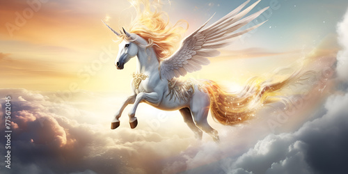 Painting of a unicorn with a long horn fantasy art majestic fantasy with blured background 