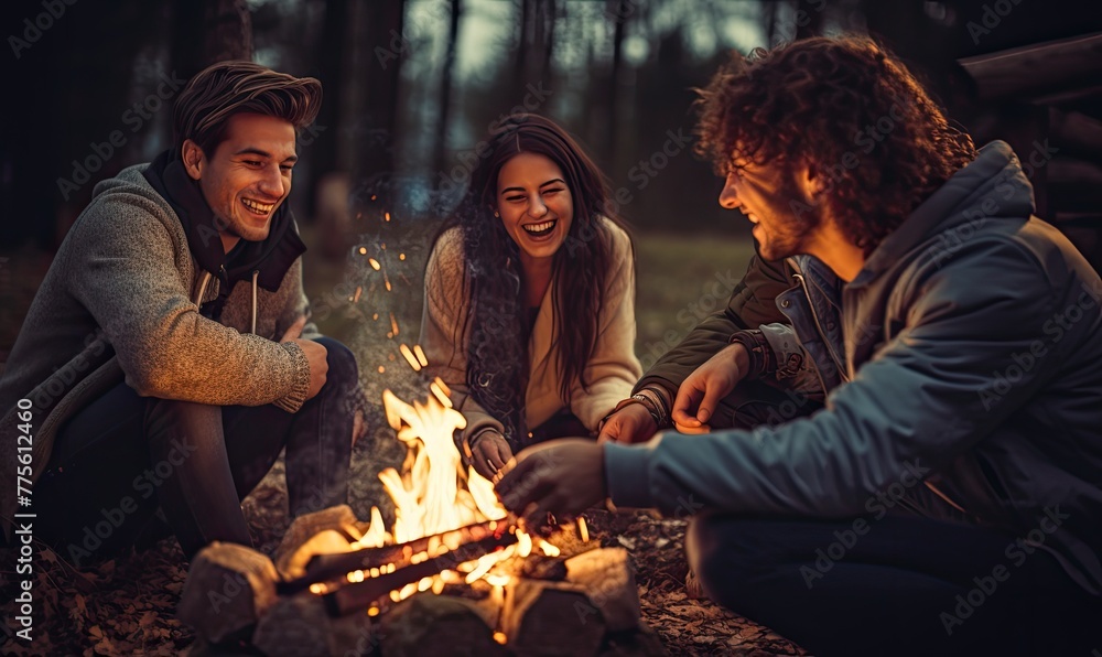 Obraz premium Happy friends sitting aroun the fire pit, smiling and having fun. Camping theme