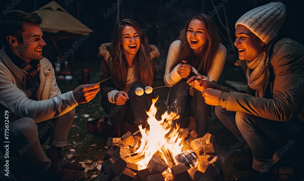 Happy friends sitting aroun the fire pit, they roast marshmallows, smiling and having fun. Camping theme Happy friends sitting aroun the fire pit, they roast marshmallows, smiling and having fun. Camping theme