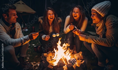 Happy friends sitting aroun the fire pit, they roast marshmallows, smiling and having fun. Camping theme