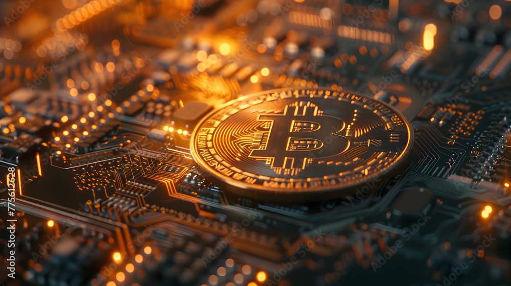 Golden Bitcoin Integrated into Microcircuit: Abstract Background of Digital Currency Golden Bitcoin Integrated into Microcircuit: Abstract Background of Digital Currency