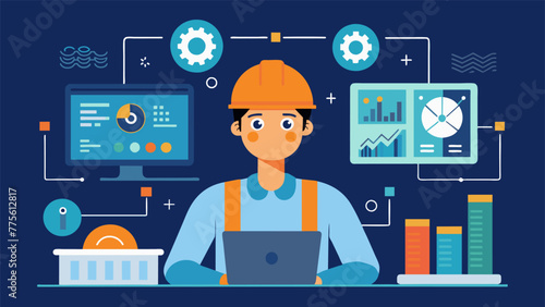 A factory worker closely monitoring a dashboard filled with realtime data and ysis generated by AI highlighting the integration of technology