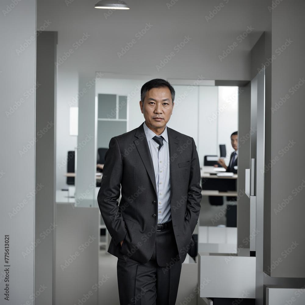 A middle aged business man wearing a suit in an office A middle aged business man wearing a suit in an office