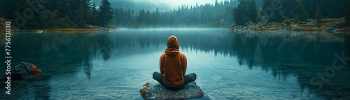 Contemplative wanderer by a placid lake photo