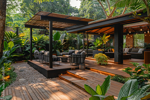 Of a lavish side outside garden at morning, with a teak hardwood deck and a black pergola. Scene in the evening with couches and lounge chairs