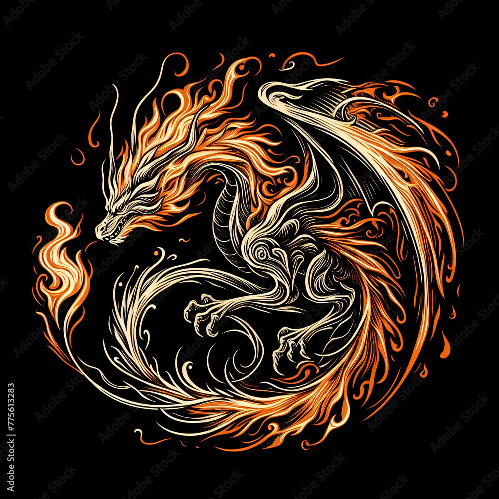 translucent fire dragon on dark background illustration