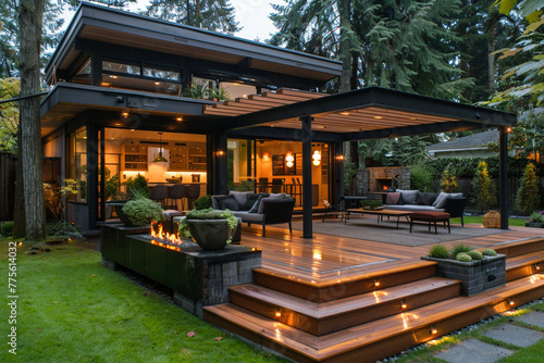 Of a lavish side outside garden at morning, with a teak hardwood deck and a black pergola. Scene in the evening with couches and lounge chairs