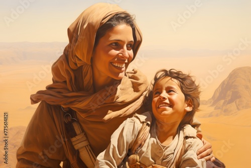 A Bedouin mother and her child  dressed in pastel brown  sharing a moment of laughter  with the endless desert expanse behind them