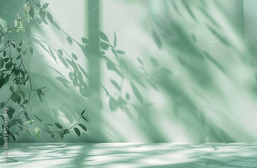 A soft green background with the shadows of plants on it, creating an elegant and minimalistic atmosphere A soft green background with the shadows of plants on it, creating an elegant and minimalistic atmosphere
