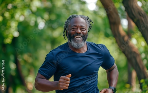 Vibrant and dynamic shot of an elderly African American man in athletic wear, smiling as he joyfully runs outdoors with his smartwatch on hand