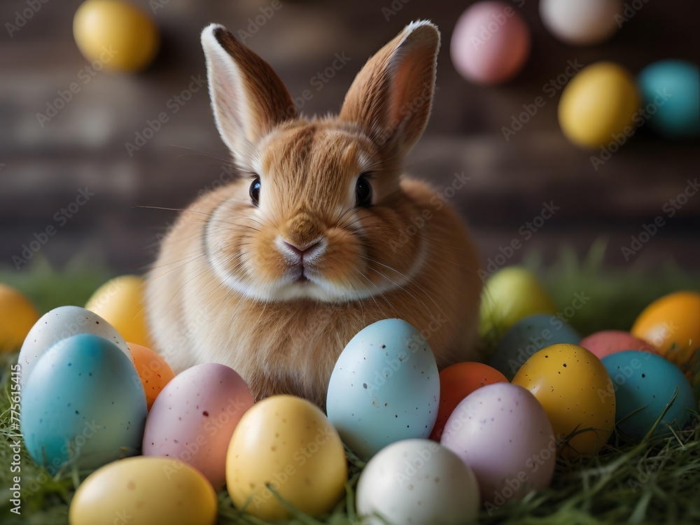 Easter Bunny Surrounded by Colorful Eggs, happy easter eggs Easter Bunny Surrounded by Colorful Eggs, happy easter eggs
