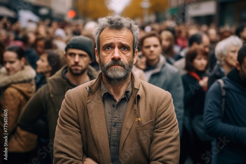 Man experiencing social anxiety in a crowd of people