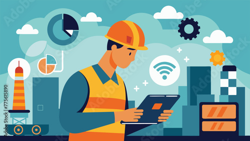 A closeup of a factory worker using a Genabled device with multiple applications and websites loading at lightningfast speeds thanks to the