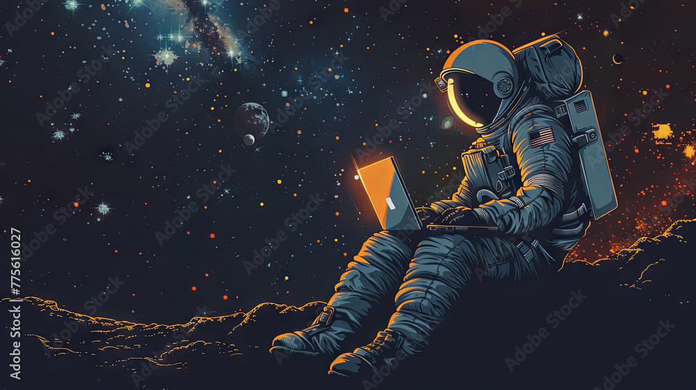 Astronaut is working on laptop in outer space Astronaut is working on laptop in outer space