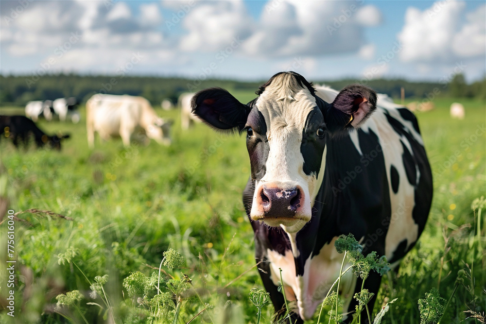 A cow on green grass standing at the meadow and looking at camera with copy space. Eco farming and farm animals concept. A cow on green grass standing at the meadow and looking at camera with copy space. Eco farming and farm animals concept.