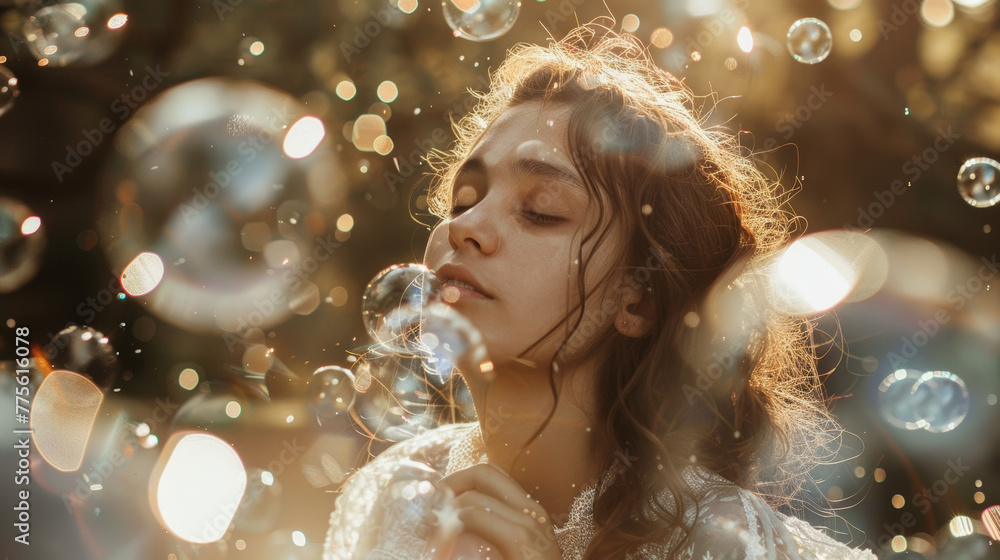 Portrait of a beautiful young woman blowing soap bubbles in the park Portrait of a beautiful young woman blowing soap bubbles in the park