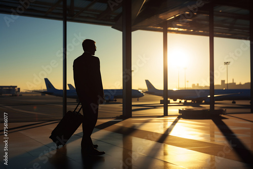 Silhouette of a businessman with luggage at the airport during sunrise, with airplanes in the background © AspctStyle