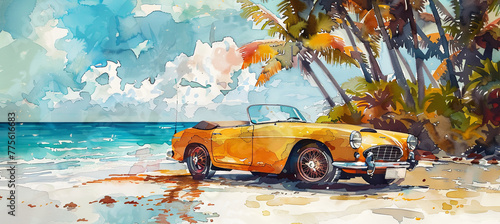 watercolor illustraion of cabriolet on the tropical beach background. travel concept  photo