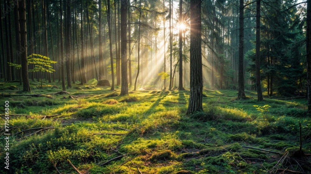 Obraz premium Beautiful sunrise in the forest with rays of light passing through the trees