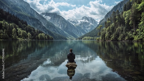 Man sitting on the edge of a mountain lake and looking at the mountains