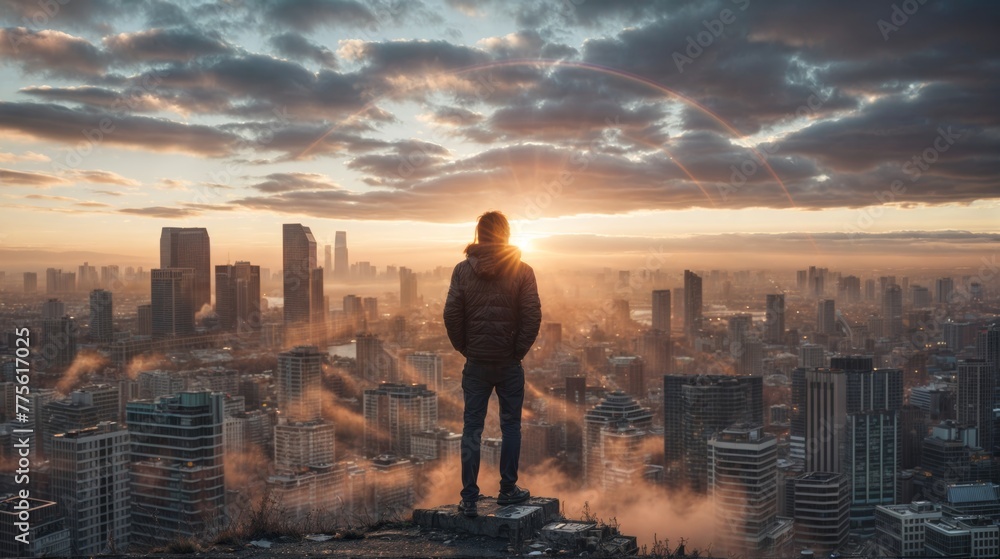 Silhouette of a man standing on the top of a mountain and looking at the city. Silhouette of a man standing on the top of a mountain and looking at the city.