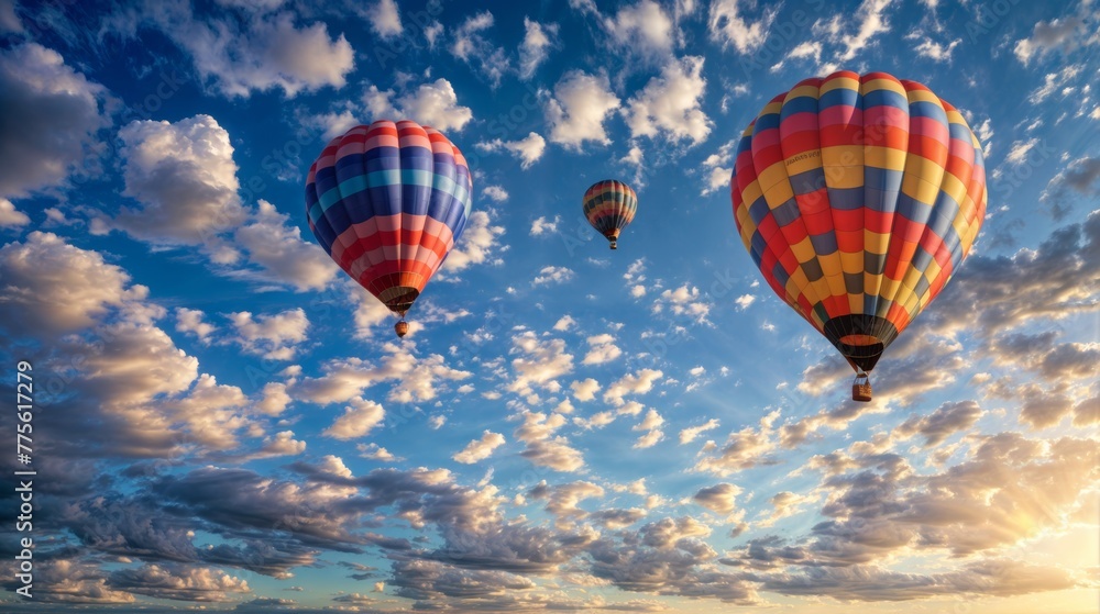 Naklejka premium Hot air balloons in the sky at sunset. Colorful hot air balloons.