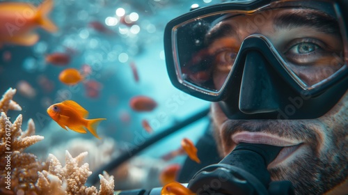 happy man in diving equipment and happy to see coral reefs and orange fish for the first time so close. travel and new experiences help us experience our lives fully © Daria Lukoiko