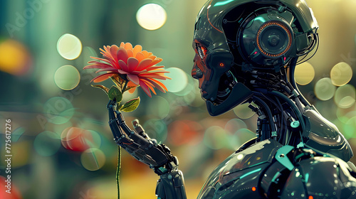 The cyborg robot holds a flower in his hand as a symbol of life