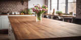 Wood Countertop focus in a Blurred Kitchen Scene - Modern Kitchen Premium Warmth of Wood.