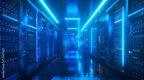 Cloud Data Center ,The interior of a large modern server room in a futuristic neon light. Cloud data storage or data center ,modern high technology server room in neon colors