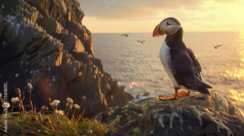Atlantic puffin on the rocks above the sea