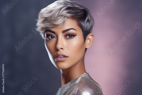 Studio portrait of beautiful asian woman with short hair style on colour background