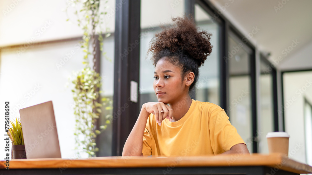 Thoughtful businesswoman think of online new project looking at laptop, search new idea inspiration. Thoughtful businesswoman think of online new project looking at laptop, search new idea inspiration.