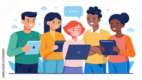 A group of workers huddle around a tablet eagerly discussing the latest updates and features of a digital literacy program. They are excited to