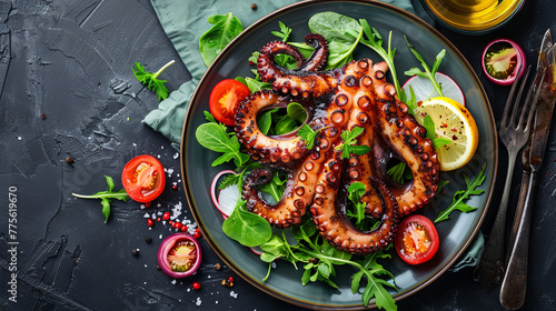 Freshly grilled octopus served with vegetables on a plate, photographed from the top view