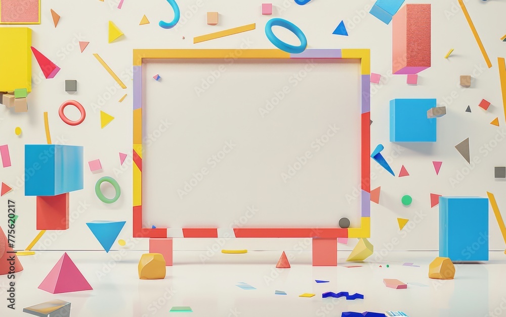 A whiteboard with a colorful frame of shapes in the middle of the design with a scattering of square and triangle color shapes and a completely white background A whiteboard with a colorful frame of shapes in the middle of the design with a scattering of square and triangle color shapes and a completely white background