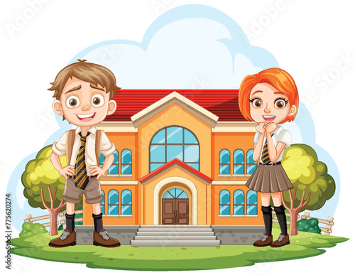 Two cheerful students standing in front of school.