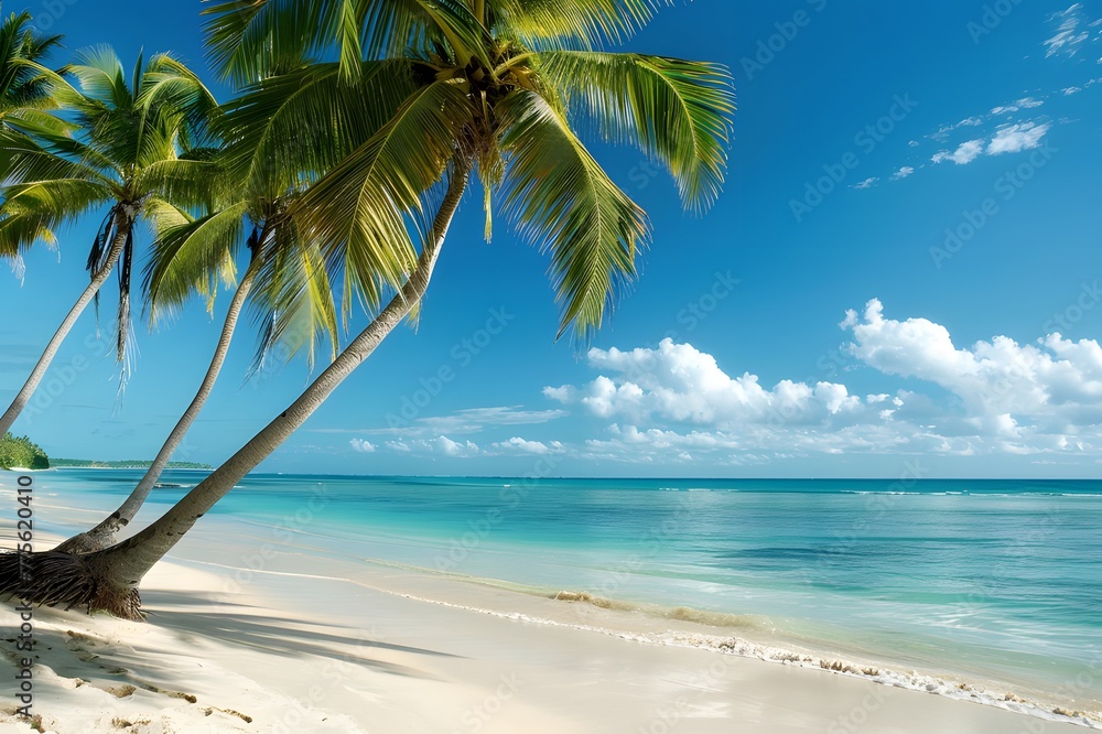 Tranquil tropical beach with powdery white sands. Azure ocean waters gently caressing the shore.
