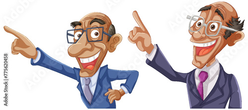 Two animated businessmen pointing and smiling.