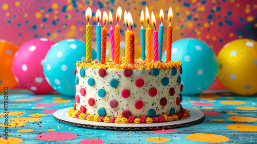 Colorful Birthday Cake with Festive Candles and Balloons