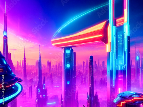 Colorful fantasy futuristic city illustration background