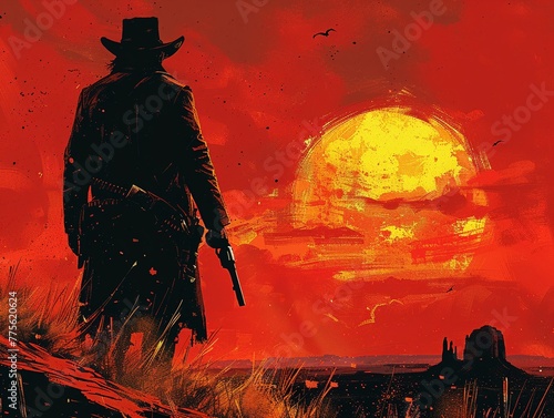 Wild west showdown illustrated with a gritty comic book style and a dusty photo