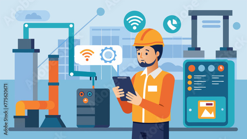 In a busy industrial workshop an employee accesses a mobile app to remotely monitor the status and performance of several IIoT devices ensuring