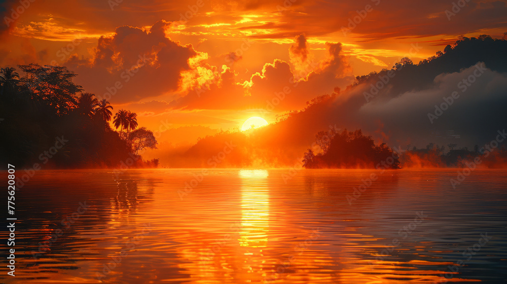 Tropical River Sunset with Fiery Skies