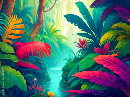 Colorful fantasy illustration of a jungle background © MdAl