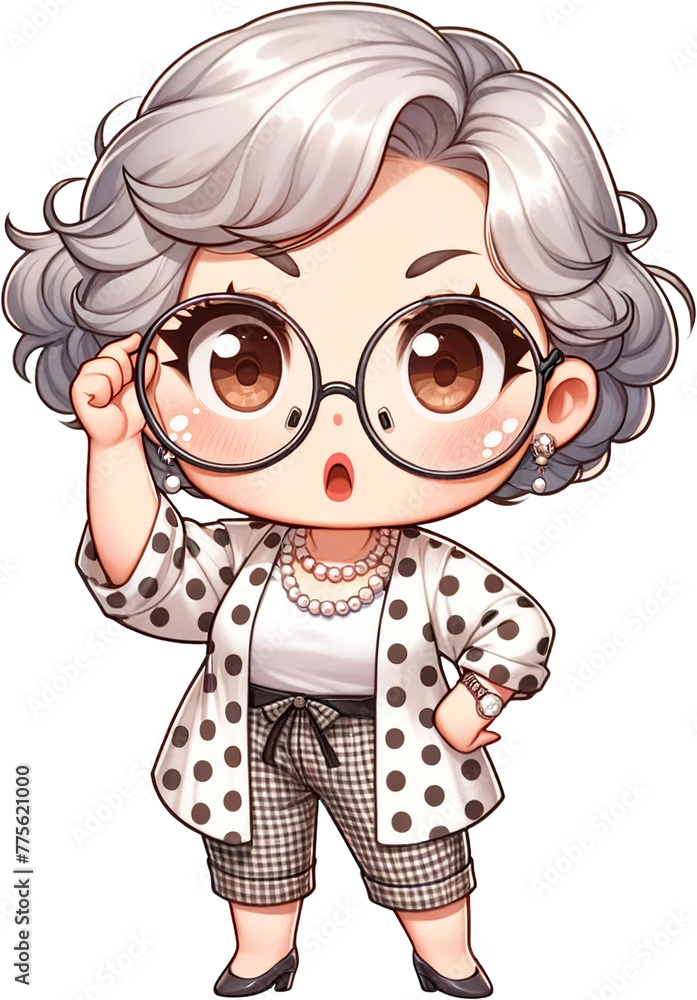 Fototapeta premium Fashionable Chibi Grandma with Glasses Watercolor Clipart Isolated 