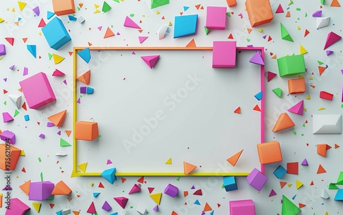 A whiteboard with a colorful frame of shapes in the middle of the design with a scattering of square and triangle color shapes and a completely white background