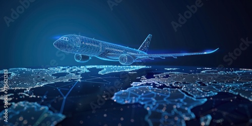 Abstract airplane, digital airliner and world map concept in dark blue background. Low poly mesh with points, lines